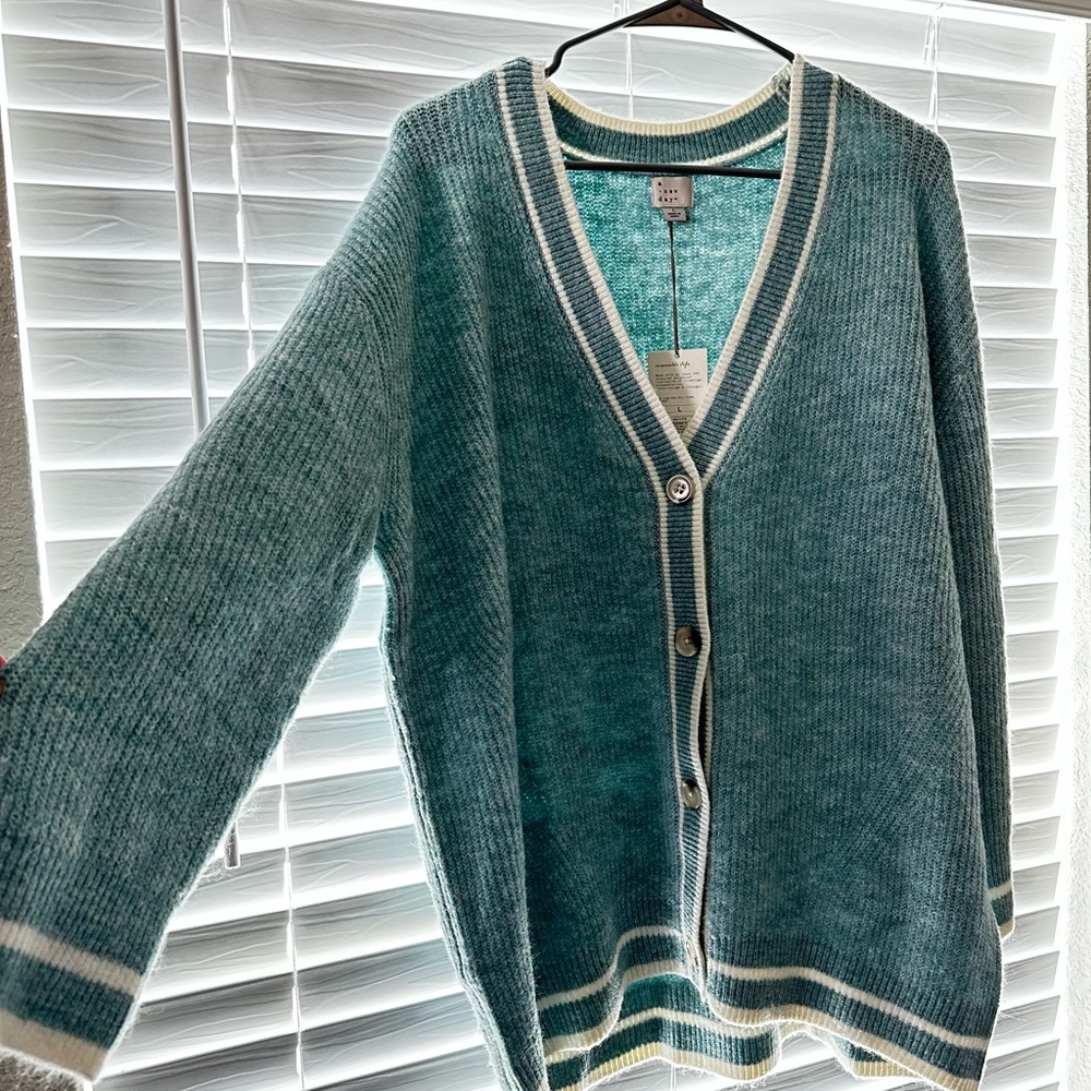 Blue Button Sweater with Stripes